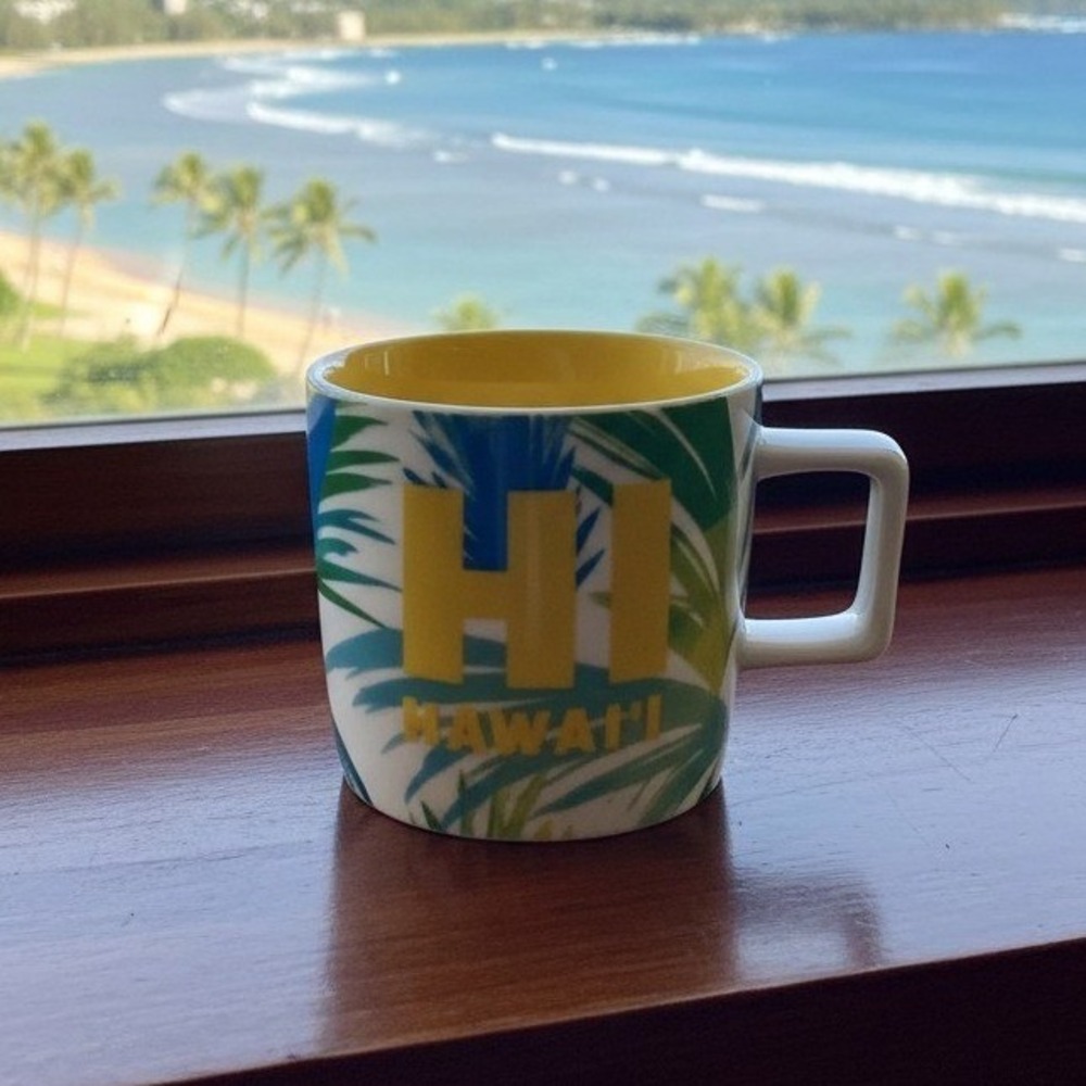 2016 Starbucks‎ Coffee Tea Mug HI HAWAII Green Blue Palms Yellow Interior